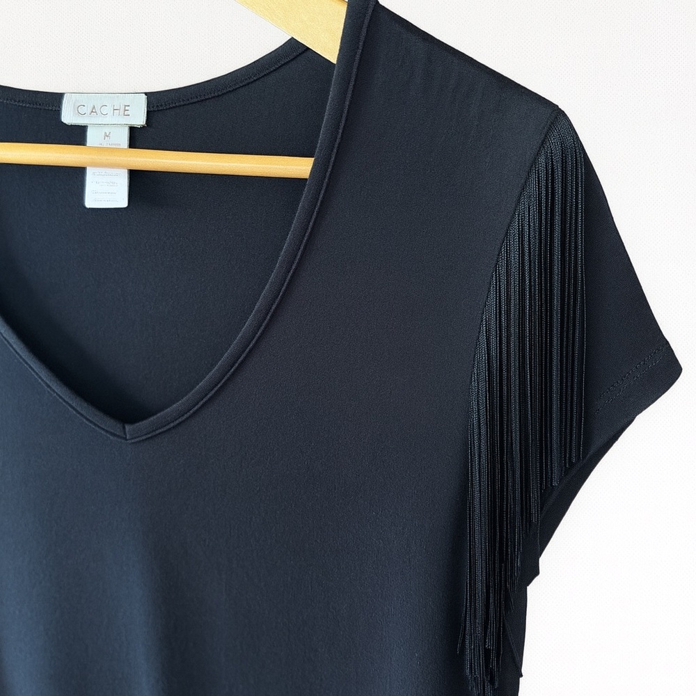 Cache fringe jersey black v-Neck Top shirt - Picture 7 of 8